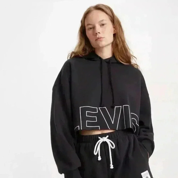 Levi’s Graphic Women’s Cropped Hooded Sweatshirt Size M Black - Picture 1 of 6
